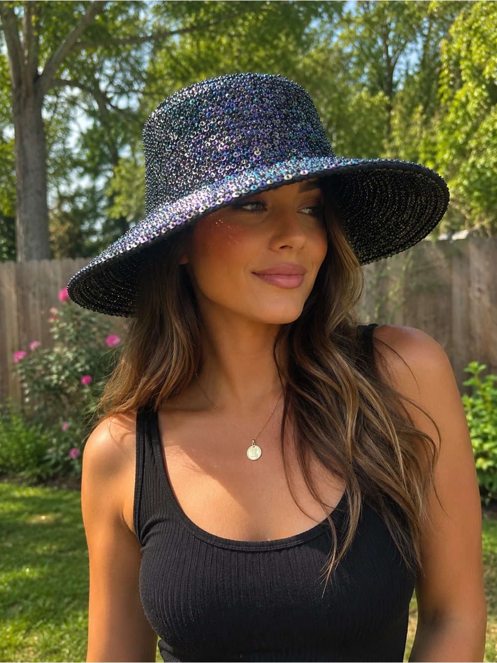 Sequin Wide Brim Sun Hat - Black Iridescent